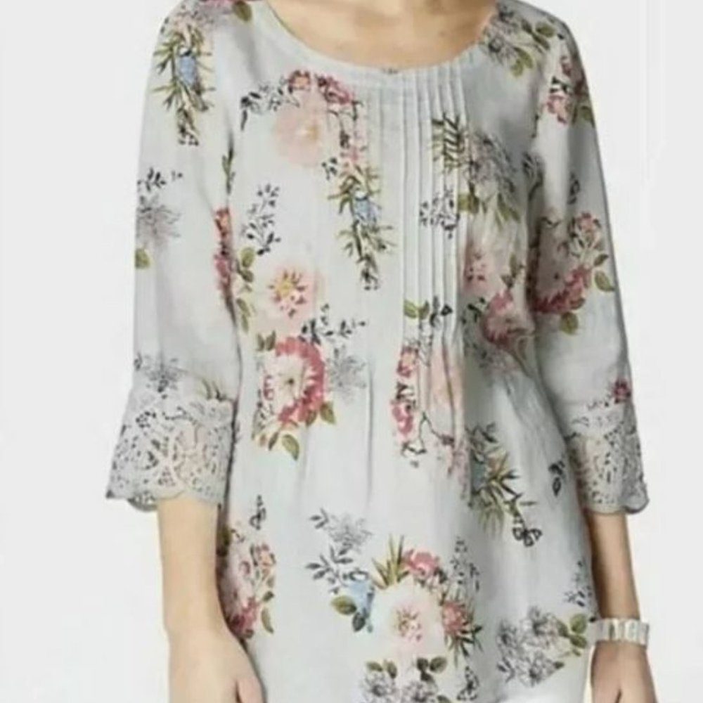 J. Jill Love Linen Floral, Blue Birds Top L 3/4 Sleeves Lace Cuffs Micro Pleats